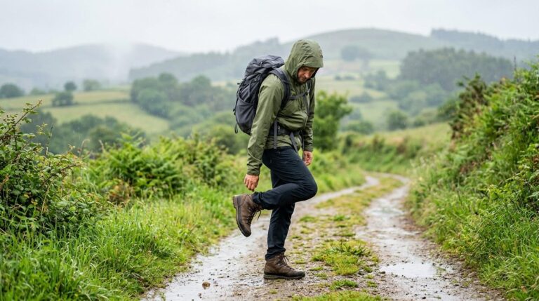 Peregrino En El Camino De Santiago Revisando Sus Botas Bajo Una Lluvia Fina En Un Sendero Humedo De Galicia