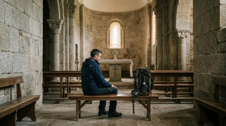 Peregrino En Silencio Sentado En Un Banco De Una Pequena Iglesia Romanica Gallega Iluminada Por La Luz Suave De Una Ventana Estrecha