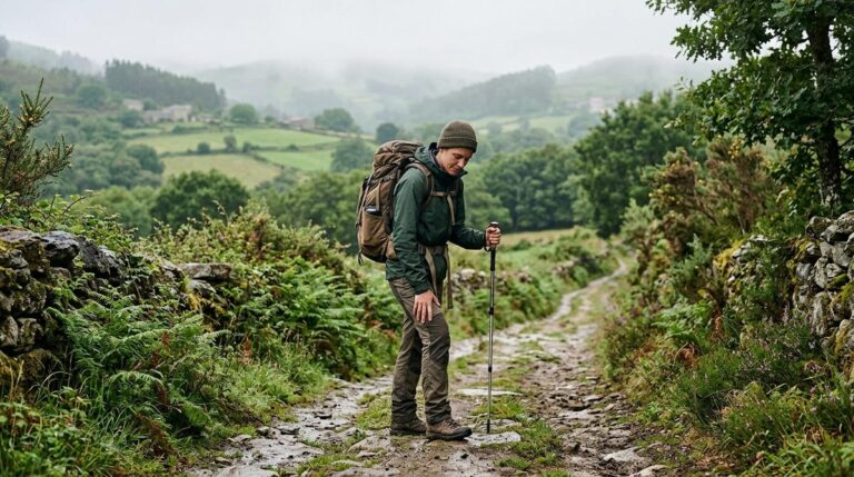 Peregrino En Un Sendero Gallego Revisando Su Pierna Cansada En Los Ultimos Kilometros Del Camino De Santiago