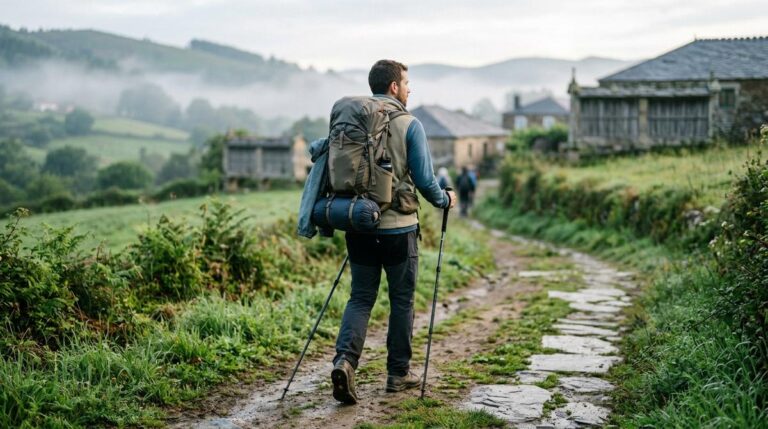 Peregrino En Un Sendero Rural Gallego Con Mochila Ligera Y Equipo De Senderismo En Una Manana Humeda
