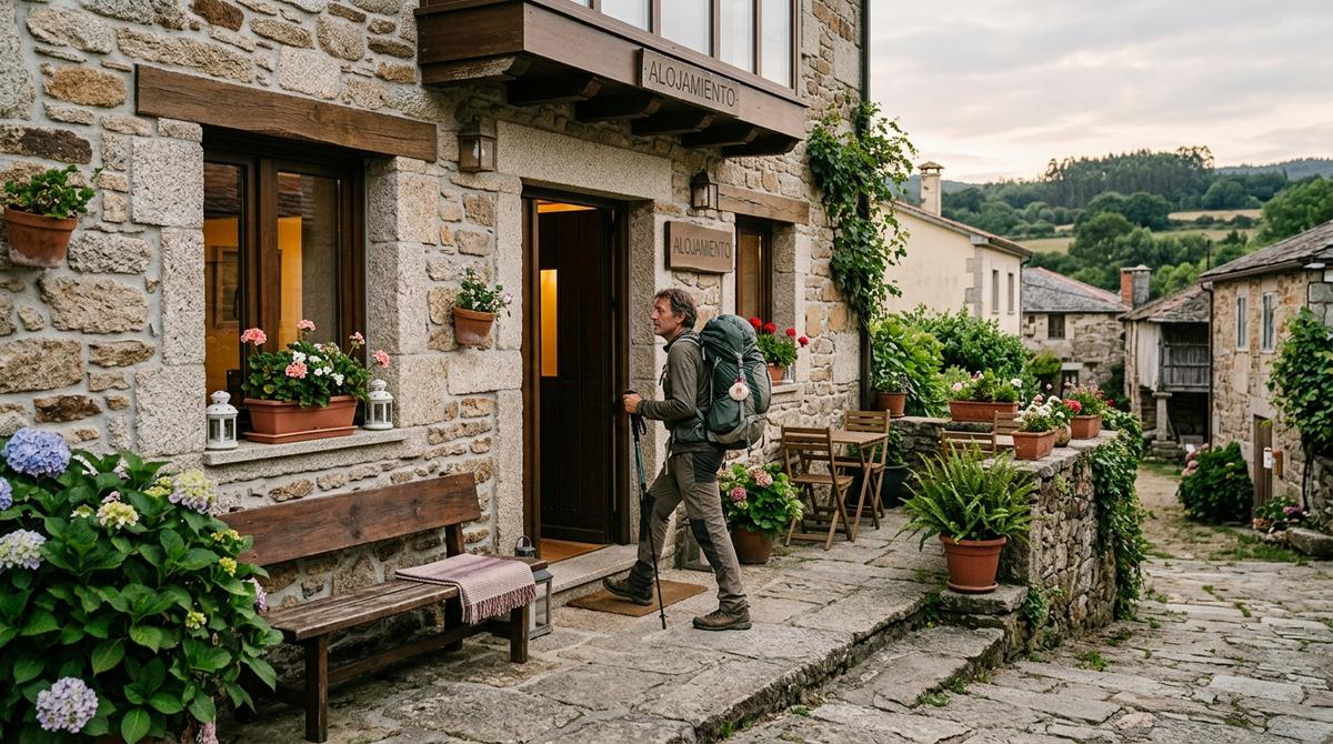 Peregrino entrando en un alojamiento con encanto en una localidad del Camino de Santiago.