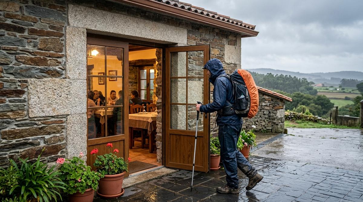 Peregrino entrando en un hostal acogedor con restaurante en un día de lluvia en Palas de Rei.