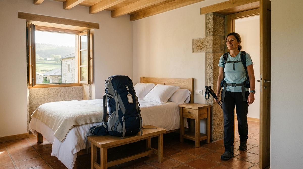 Peregrino entrando en una habitación acogedora donde su mochila ya está preparada junto a la cama en un alojamiento del Camino.