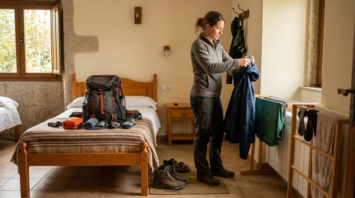 Peregrino organizando y secando su equipo en una habitación acogedora tras una etapa lluviosa del Camino de Santiago.