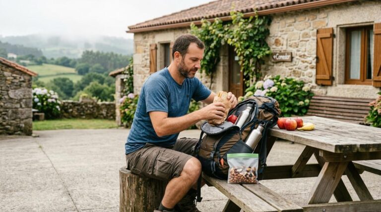Peregrino Preparando Comida Y Agua Sobre Una Mesa Frente A Un Pequeno Hostal Rural Antes De Iniciar Una Etapa Del Camino De Santiago