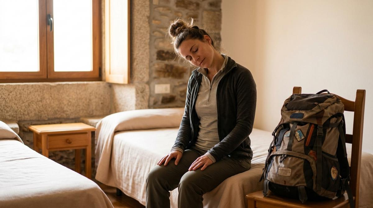 Peregrino realizando estiramientos de cuello y hombros en la habitación de un hostal con la mochila apoyada cerca de la cama.