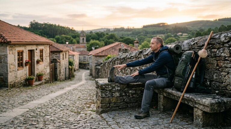 Peregrino Realizando Estiramientos Suaves Al Llegar A Una Calle Tranquila De Palas De Rei Al Final De Una Etapa Del Camino De Santiago