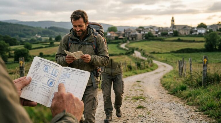 Peregrino Revisando Su Credencial Del Camino De Santiago Con Varios Sellos En Un Sendero Rural Gallego Al Atardecer