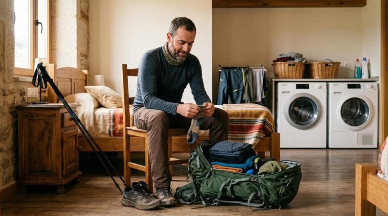 Peregrino Revisando Su Ropa Tecnica Y Botas De Montana Mientras Se Secan En Un Hostal Acogedor Del Camino De Santiago En Palas De Rei