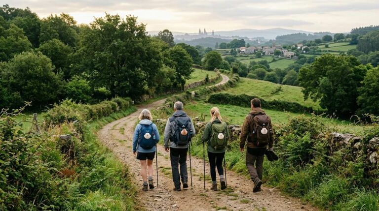Peregrinos Caminando Al Amanecer Por Un Sendero Gallego Ondulado En El Tramo Final Del Camino De Santiago