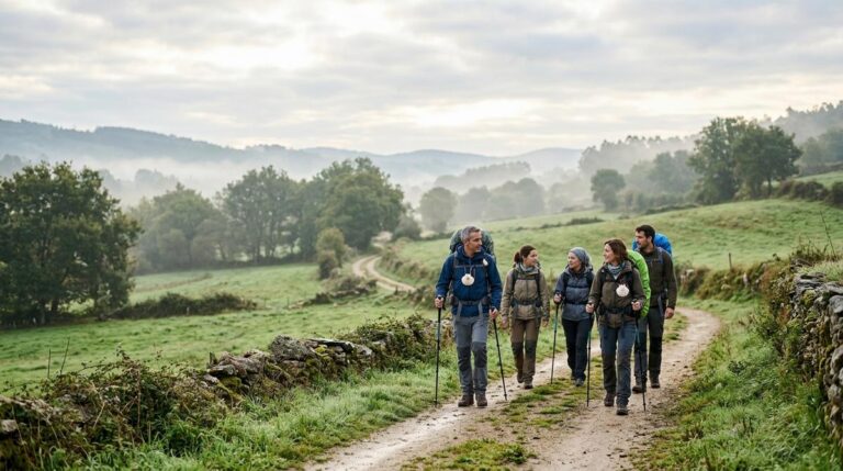 Peregrinos Caminando Al Amanecer Por Un Sendero Ondulado Entre Valles Verdes En Una Etapa Del Camino De Santiago En Galicia