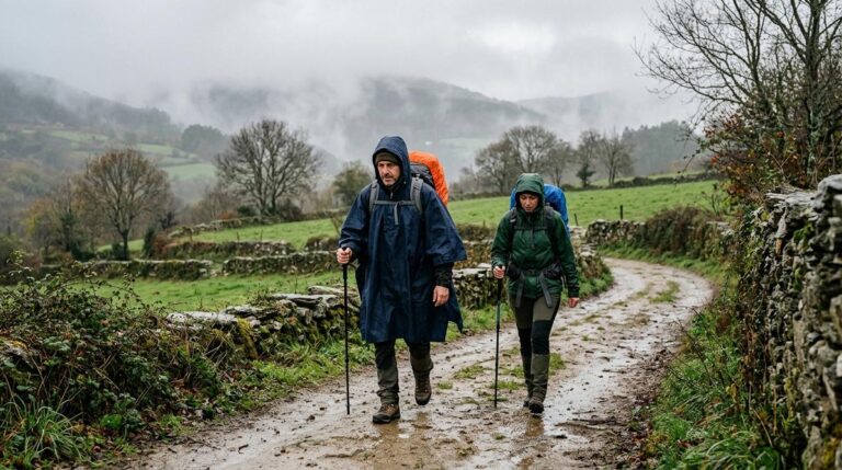 Peregrinos Caminando Bajo La Lluvia Por Un Sendero Rural Del Camino De Santiago En Galicia Con Mochilas Y Ponchos Impermeables