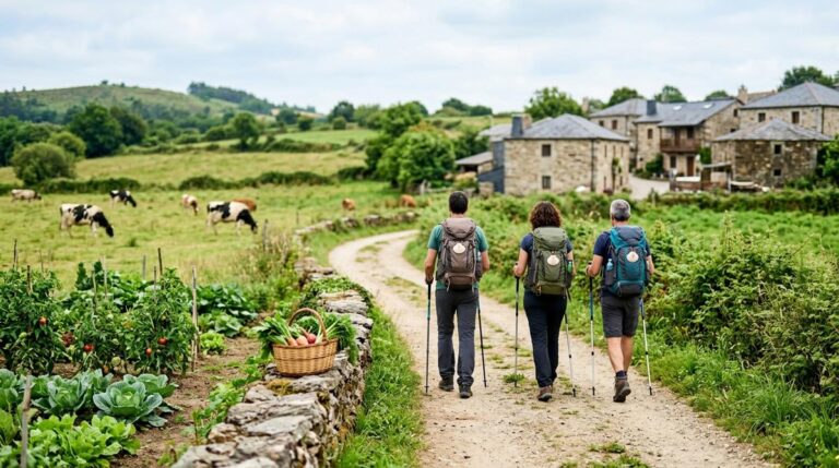 Peregrinos Caminando Por Un Sendero Rural En La Comarca De La Ulloa Junto A Vacas Y Huertas Con Un Pequeno Pueblo De Piedra Al Fondo