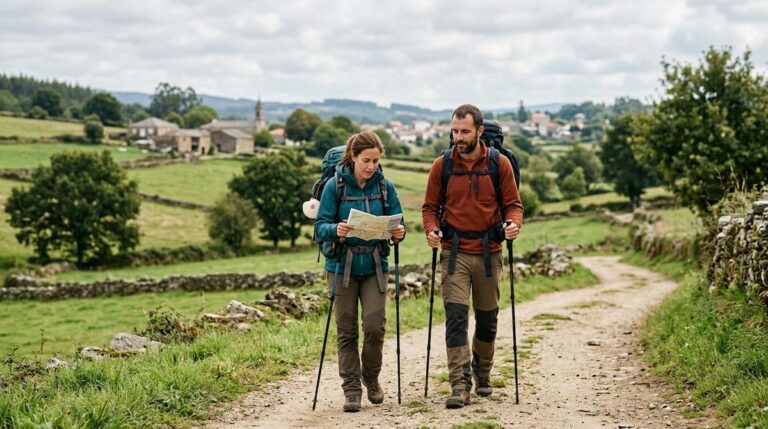 Peregrinos Caminando Por Un Sendero Rural Gallego Con Mochilas Mientras Planifican Una Etapa Del Camino De Santiago