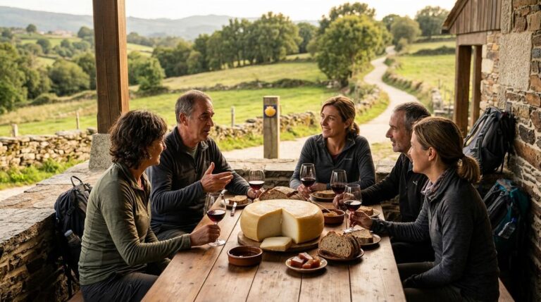 Peregrinos Del Camino De Santiago Compartiendo Queso Arzua Ulloa En Una Mesa Al Aire Libre En Un Restaurante Rural De Palas De Rei