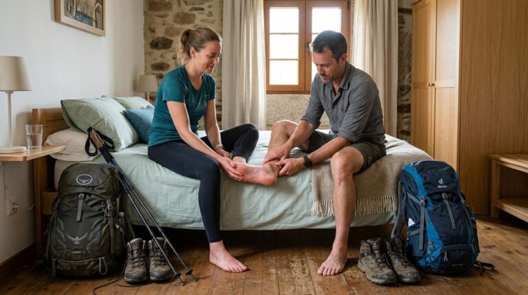 Peregrinos Descansando En Una Habitacion Privada De Hostal Mientras Alivian Sus Pies Hinchados Tras Una Etapa Del Camino De Santiago