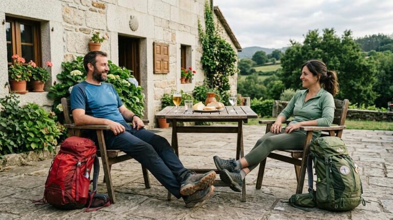 Peregrinos Descansando Relajados En La Terraza De Un Hostal Con Encanto En Palas De Rei Al Atardecer