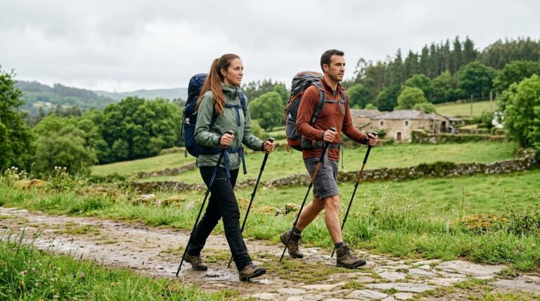 Peregrinos En El Camino De Santiago Utilizando Bastones De Senderismo Sobre Un Sendero Humedo En Galicia