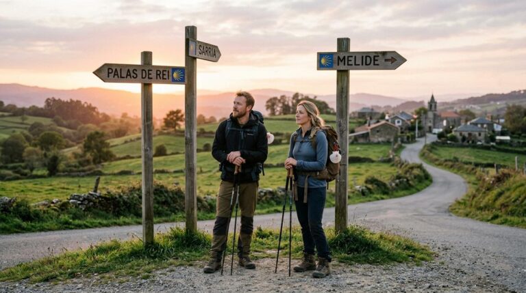 Peregrinos En Un Cruce De Caminos Rural Eligiendo Direccion Entre Palas De Rei Y Melide Al Atardecer En El Camino De Santiago