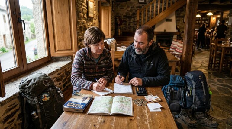 Peregrinos Revisando Su Presupuesto Diario En La Mesa De Un Hostal Rural Durante Las Etapas Finales Del Camino De Santiago En Galicia