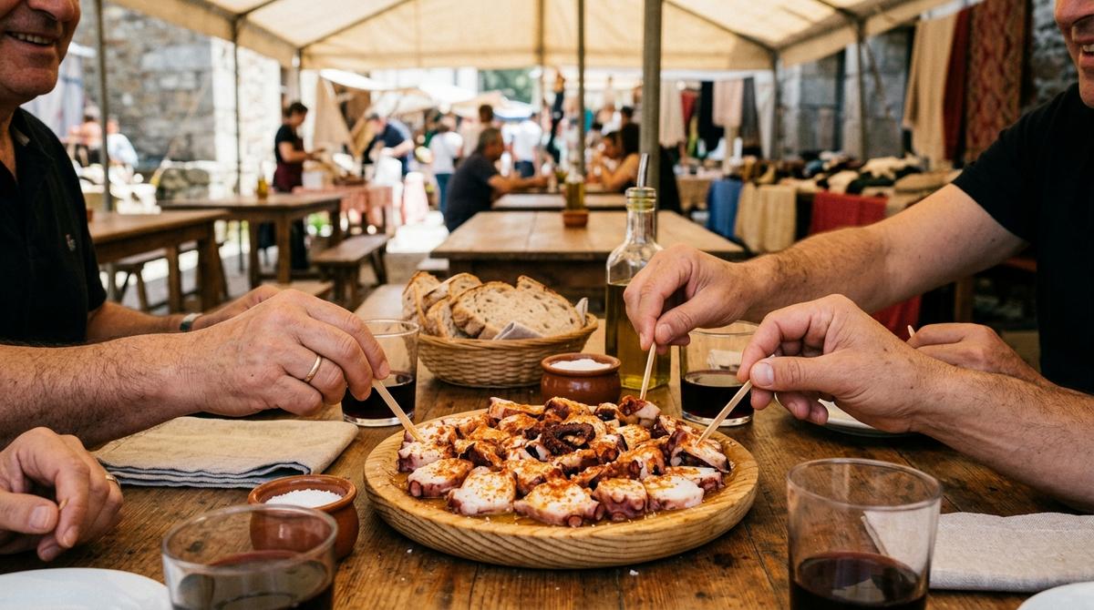Plato de pulpo á feira sobre mesa de madera compartida en una pulpería ambulante