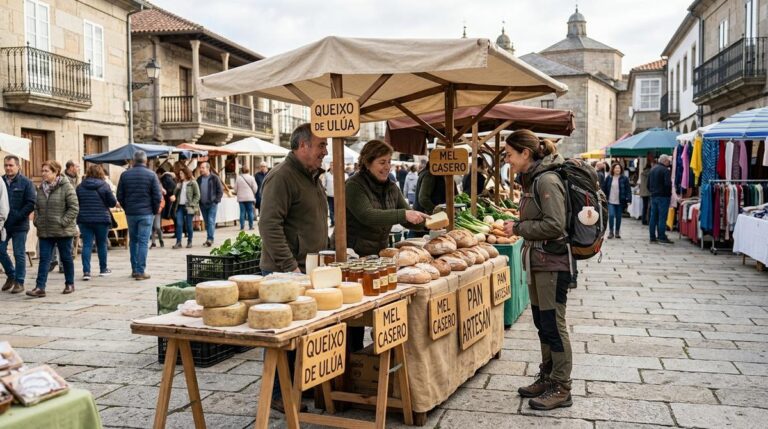 Puesto De Mercado Tradicional En Palas De Rei Con Quesos Pan Y Miel Atendido Por Productores Locales Y Una Peregrina Del Camino De Santiago