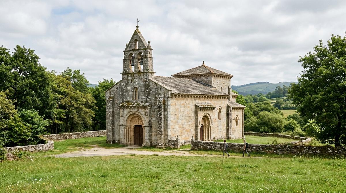 Vista exterior de la iglesia románica de San Salvador de Vilar de Donas rodeada de pradera y árboles.