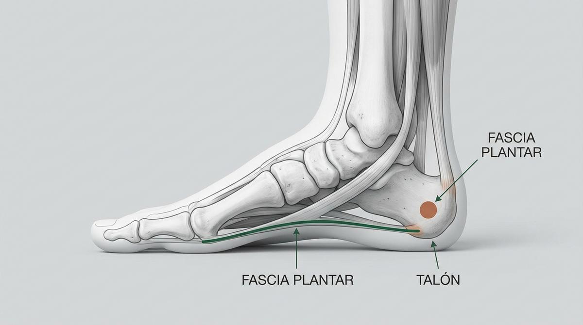 Ilustración médica de la fascia plantar y el punto de inflamación en el talón del pie humano.