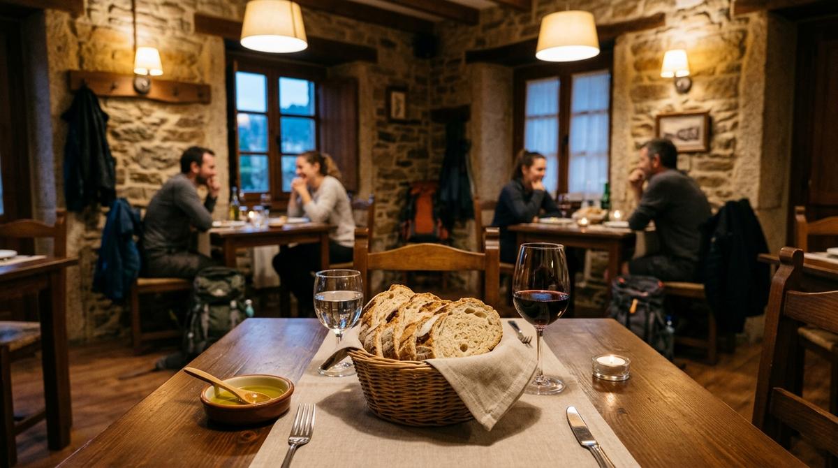 Comedor acogedor de un hostal en Palas de Rei con una mesa servida y cesta de pan gallego para la cena.