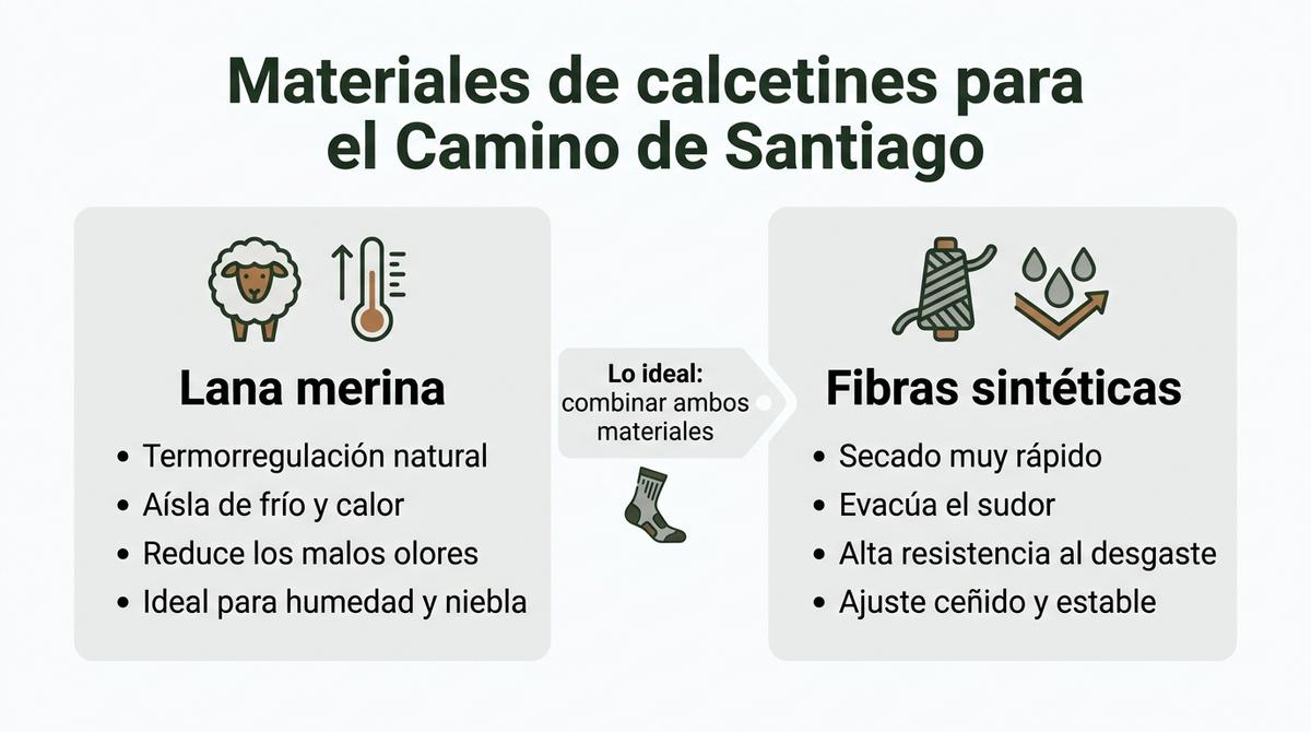 Diagrama comparativo entre calcetines de lana merina y de fibras sintéticas para el Camino de Santiago