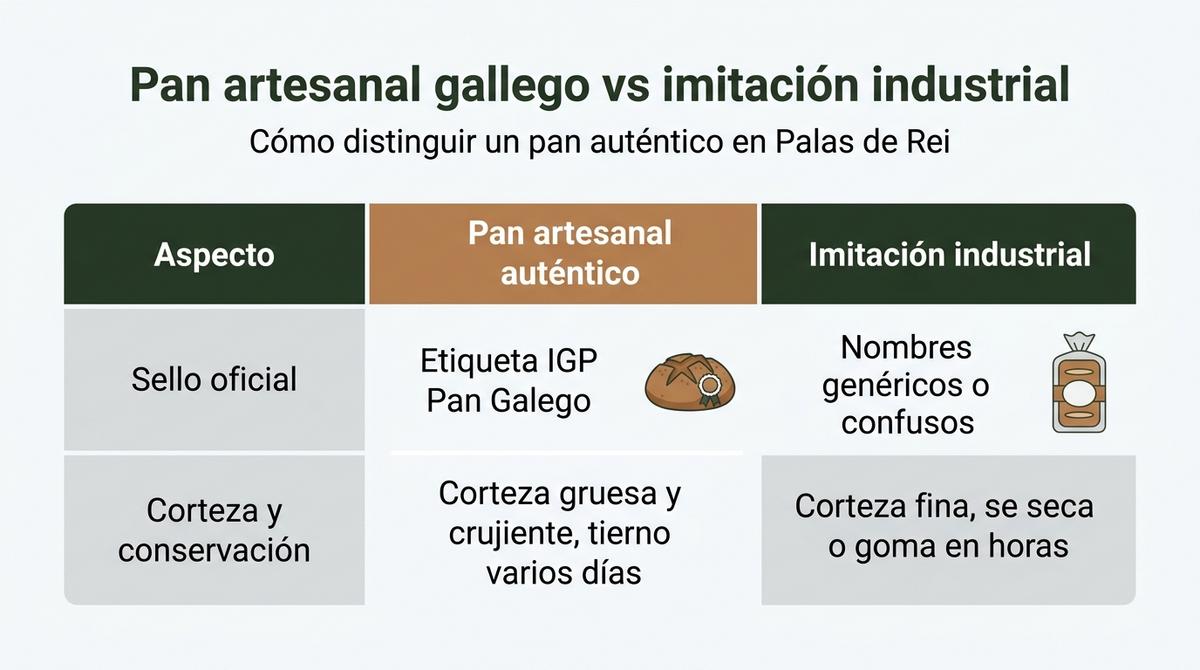 Diagrama comparativo entre pan artesanal gallego auténtico y pan industrial de imitación.