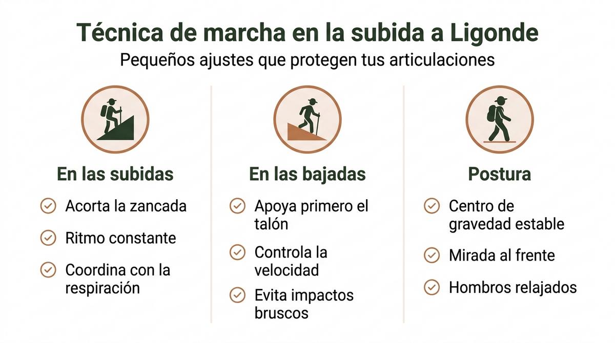 Diagrama con consejos clave de técnica de marcha para subir y bajar en el tramo de Ligonde.