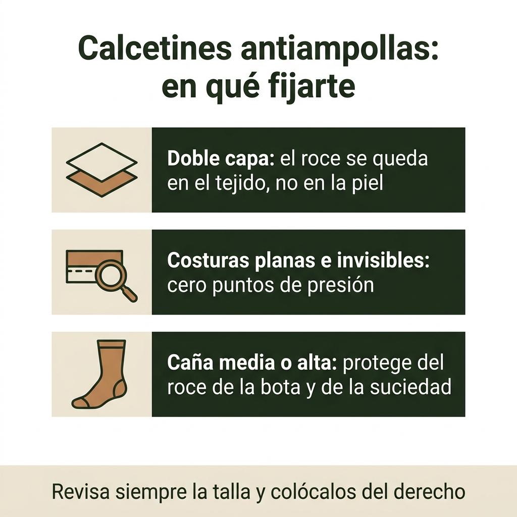 Diagrama que resume las características clave de los calcetines antiampollas para senderismo