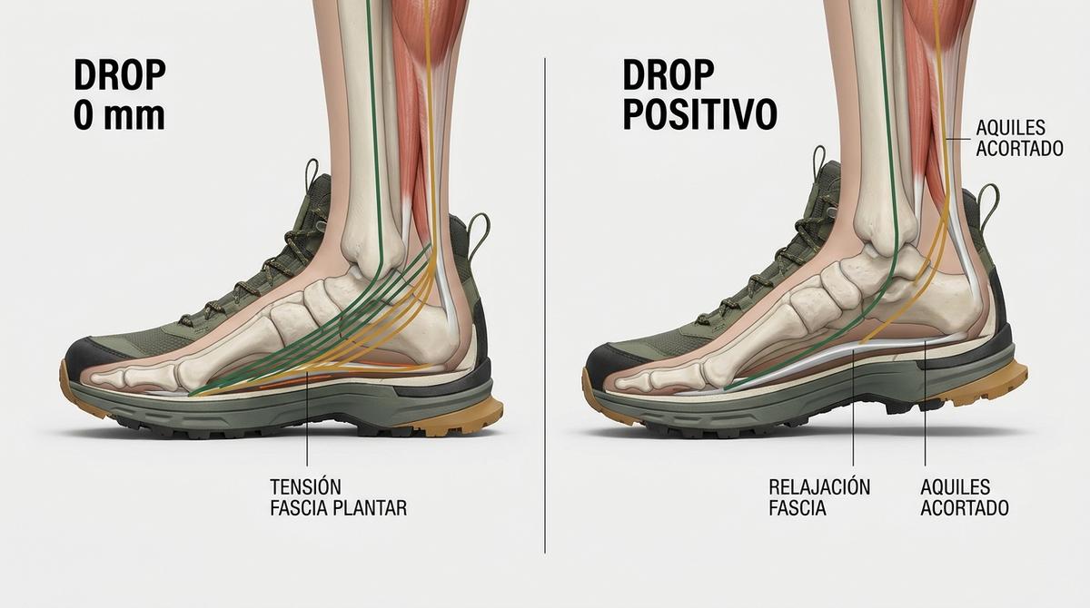 Gráfico comparativo entre calzado plano y calzado con drop positivo de talón para prevenir la fascitis plantar.