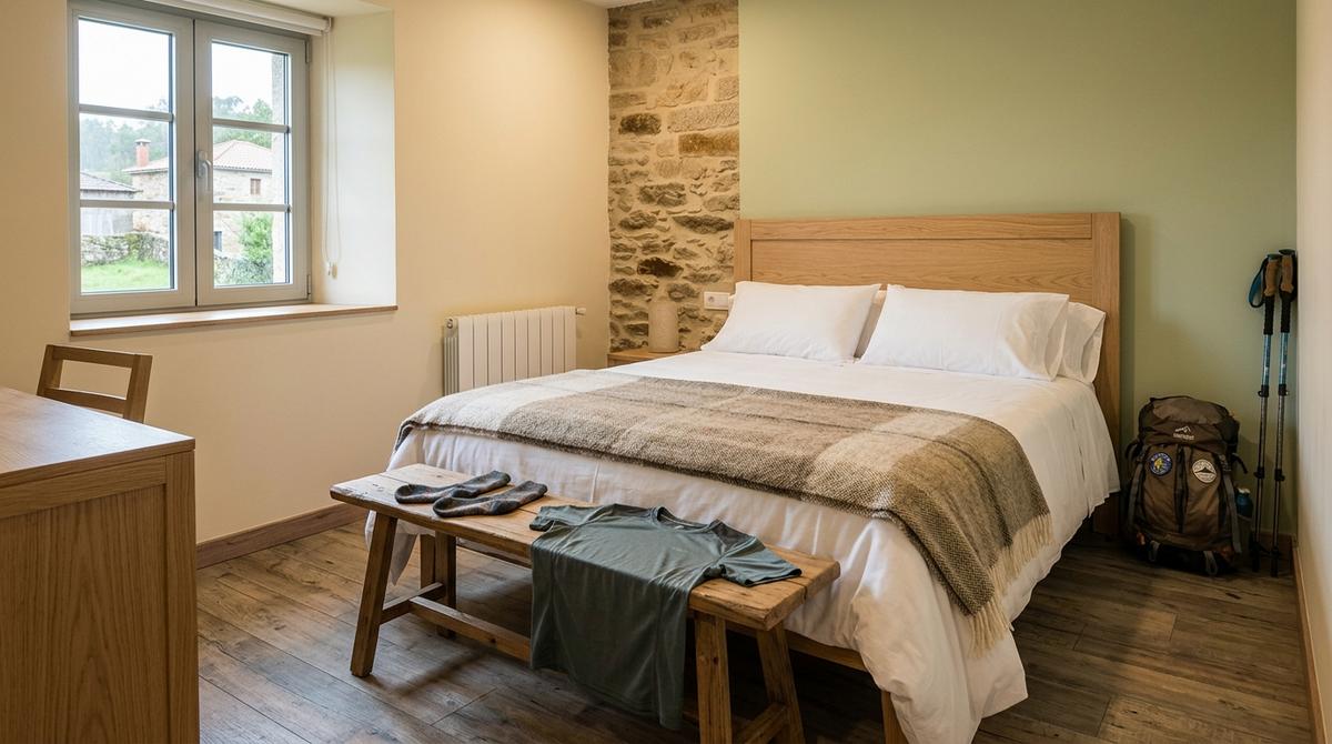 Habitación privada de hostal en Palas de Rei con ropa técnica de peregrino y calcetines secándose junto a la calefacción