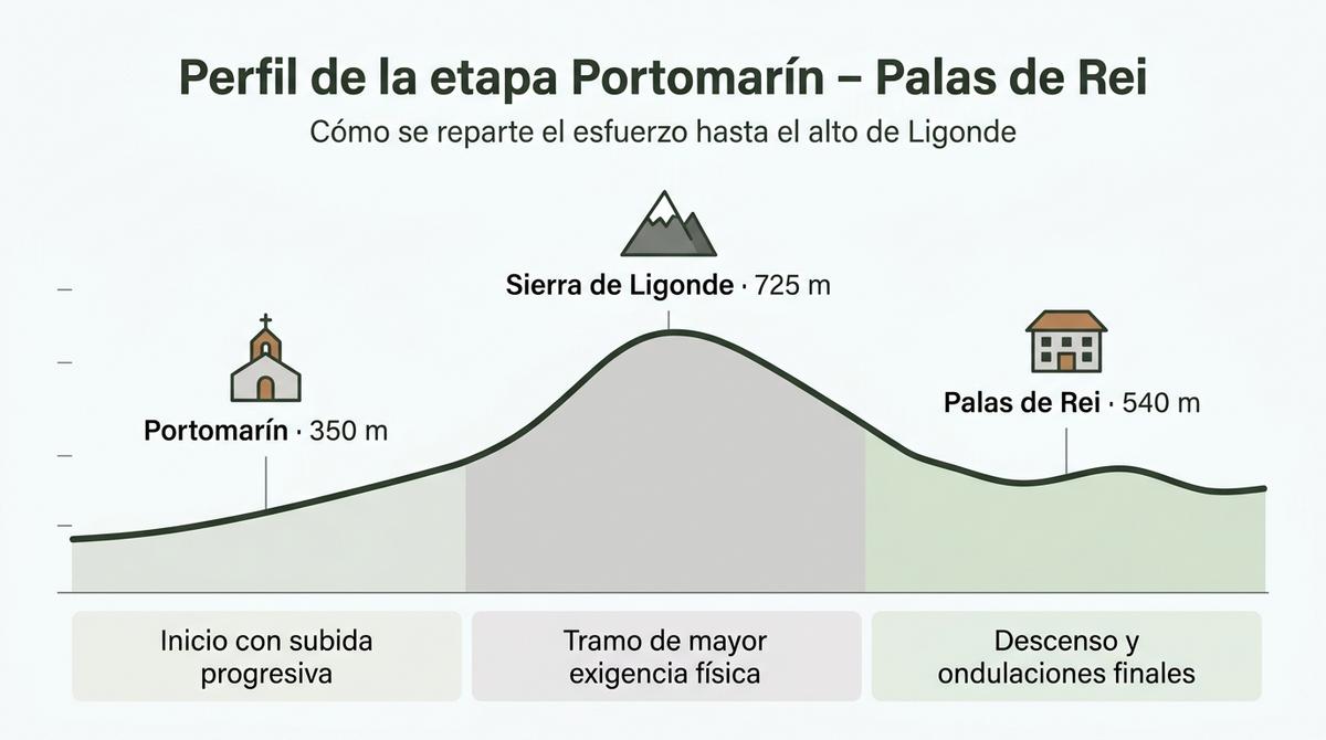 Infografía con el perfil de altitud de la etapa entre Portomarín, la Sierra de Ligonde y Palas de Rei.