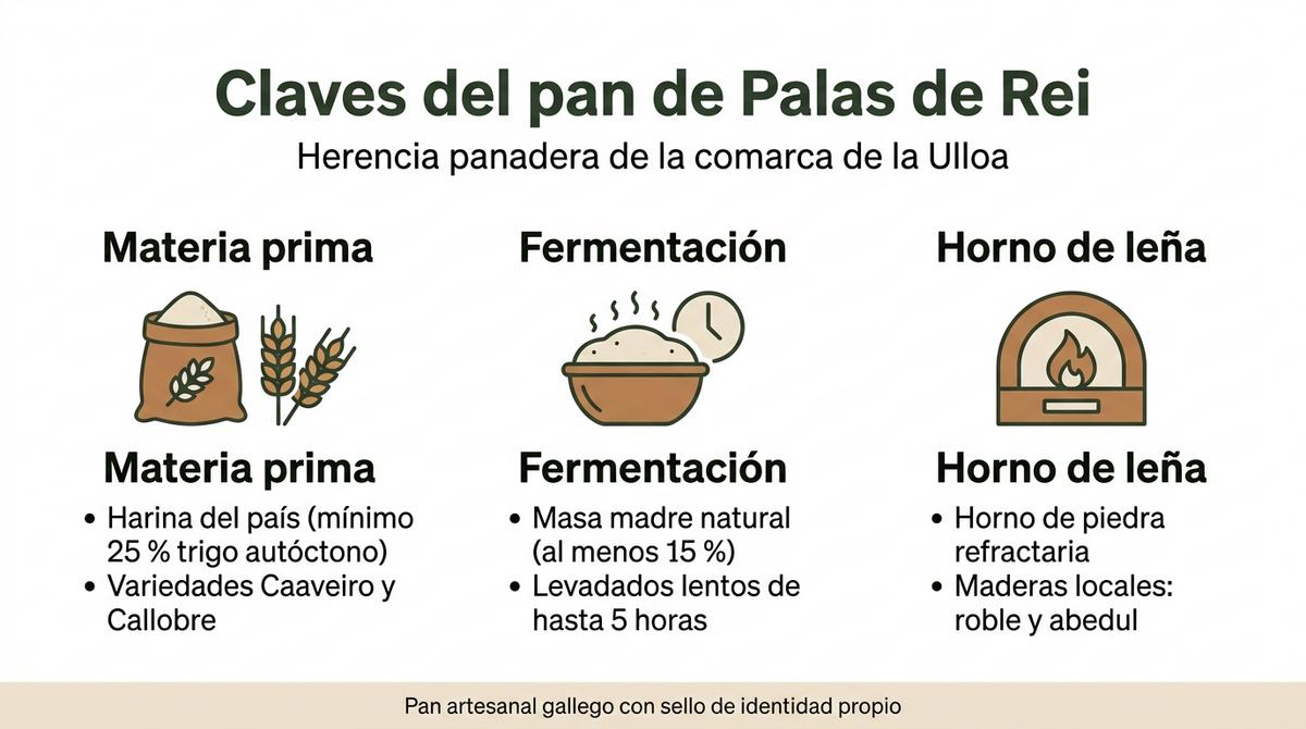 Infografía con las claves del pan de Palas de Rei sobre materia prima, fermentación y horno de leña.
