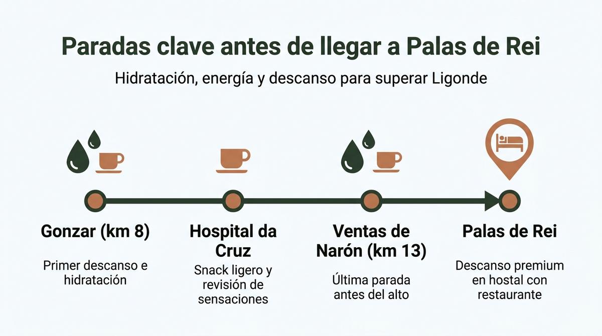 Infografía con las paradas recomendadas de hidratación y descanso hasta coronar Ligonde y llegar a Palas de Rei.