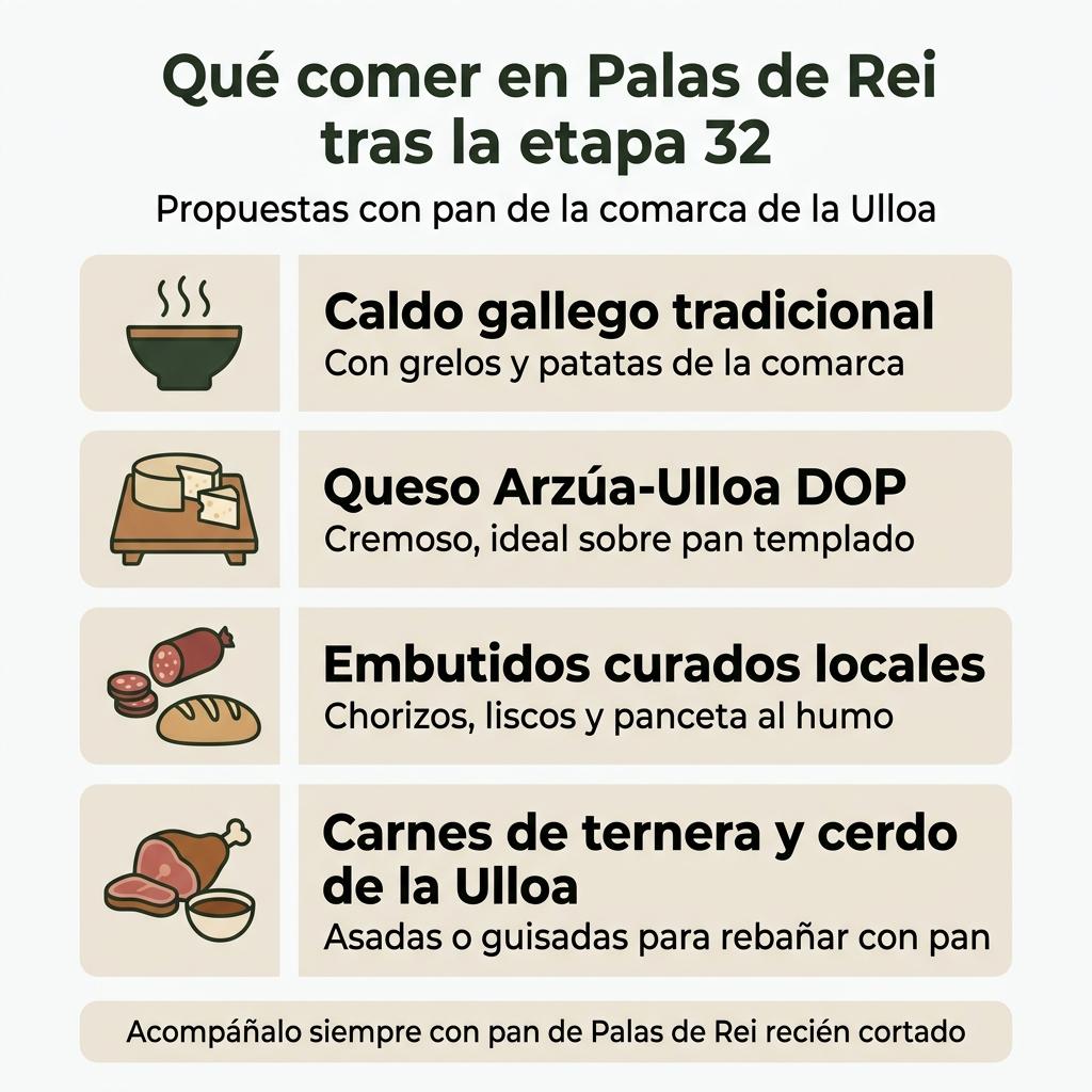 Infografía con sugerencias de platos típicos para comer en Palas de Rei acompañados de pan local.