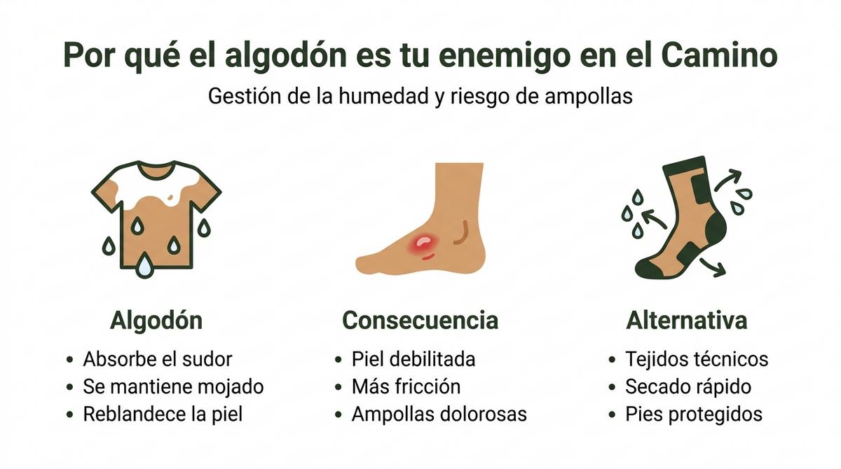 Infografía que explica por qué el algodón favorece la humedad y las ampollas frente a los tejidos técnicos