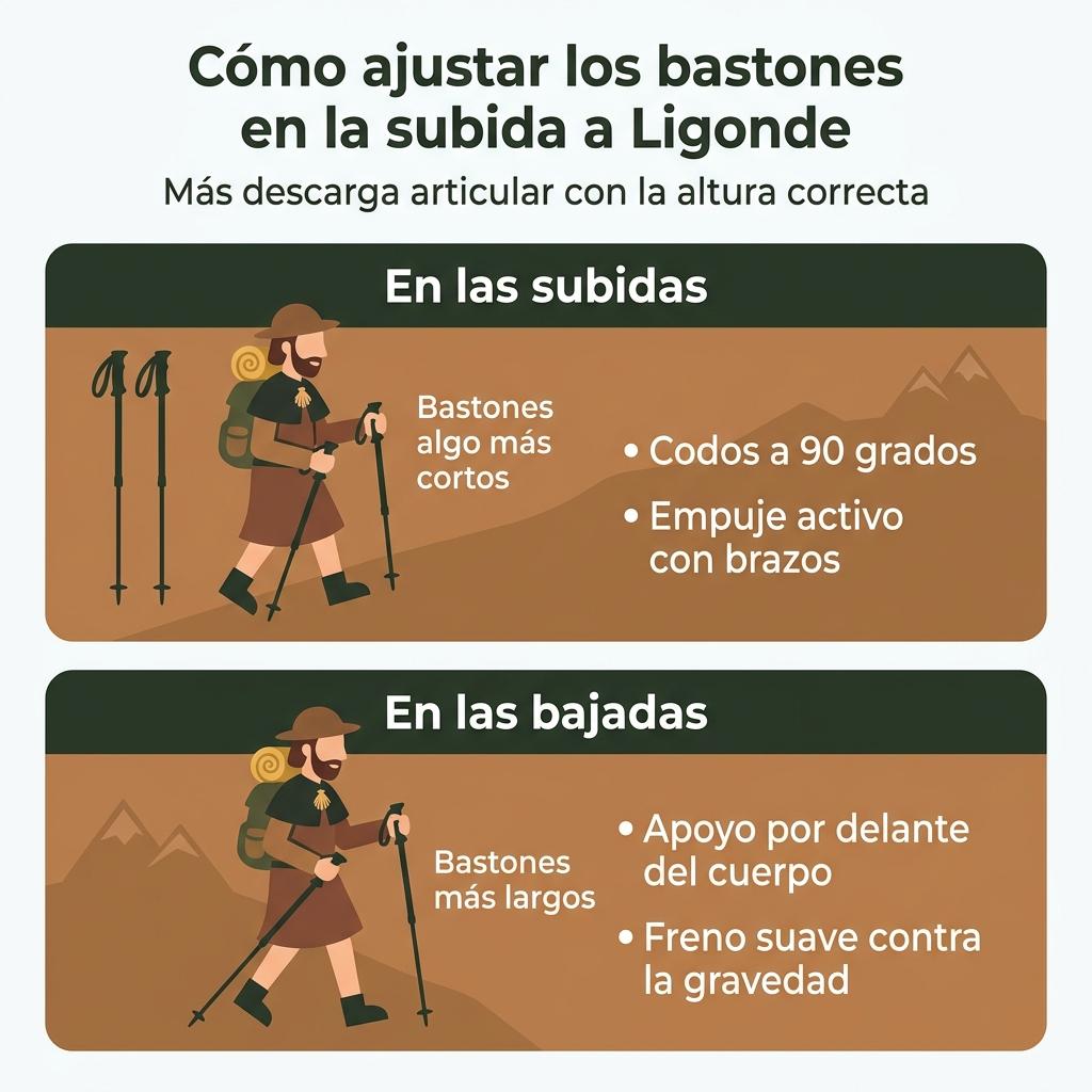 Infografía que muestra cómo ajustar los bastones de senderismo en subidas y bajadas en la Sierra de Ligonde.