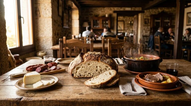 Mesa Rustica En Un Comedor De Palas De Rei Con Una Hogaza De Pan Gallego Queso Arzua Ulloa Embutidos Caldo Y Carne Asada Al Atardecer