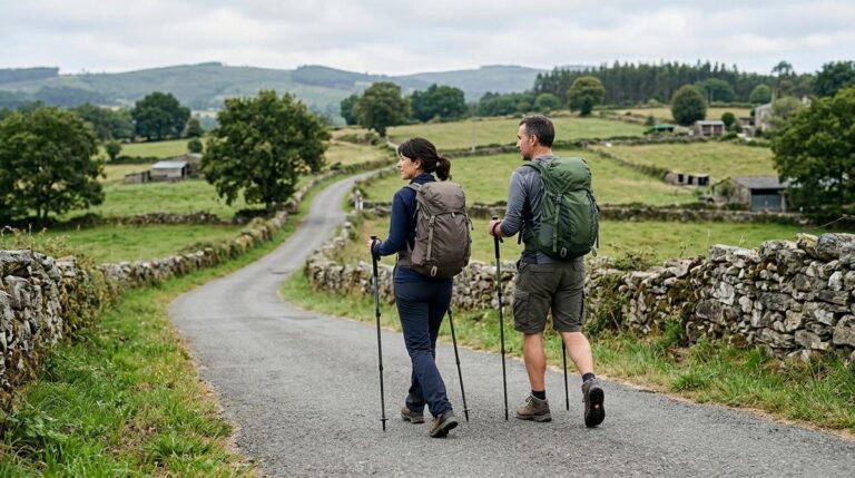 Pareja De Peregrinos Con Bastones Ascendiendo Por Una Carretera Rural Hacia Palas De Rei En Un Paisaje Verde De Lugo