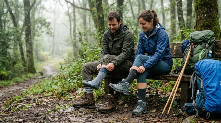 Peregrinos Ajustando Sus Calcetines Tecnicos Junto Al Camino En Un Bosque Humedo Del Camino De Santiago
