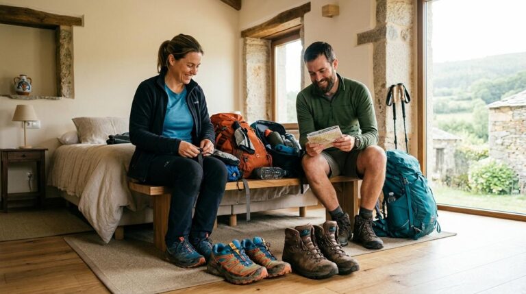 Peregrinos Preparando La Mochila En Un Alojamiento Rural Gallego Con Botas De Montana Y Zapatillas De Trail En Primer Plano