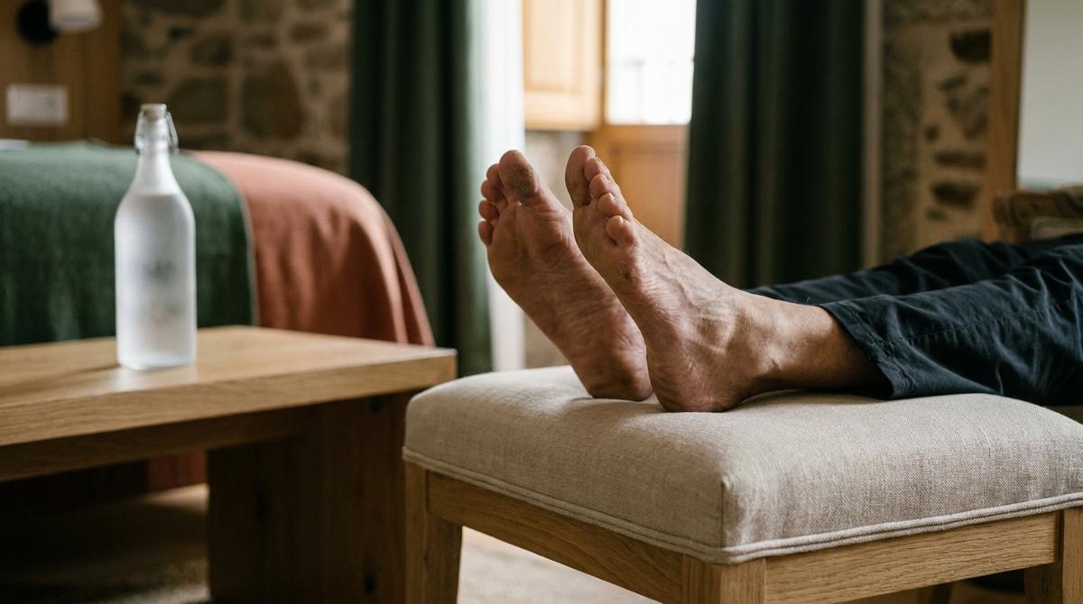 Pies de peregrino descalzos descansando sobre un sofá y sábanas de lino de alta calidad en una habitación del Hostel Dos Romeiros en Palas de Rei.