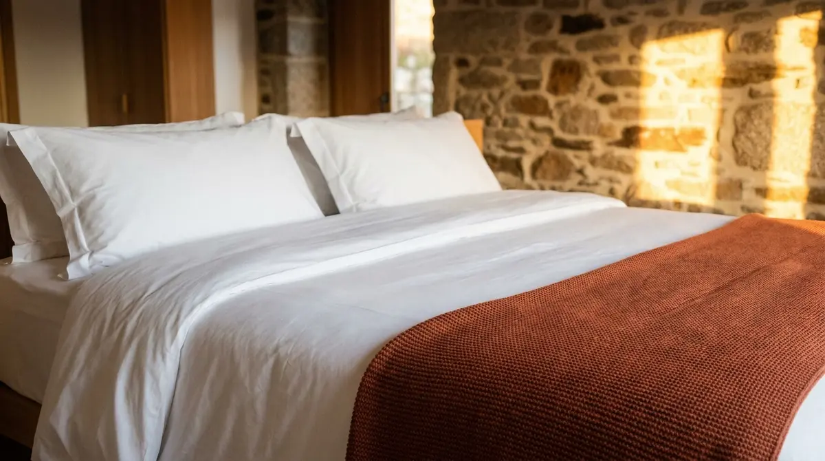 Cama premium vestida con sábanas limpias y mantas de tonos tierra en una habitación de hostal rústico.