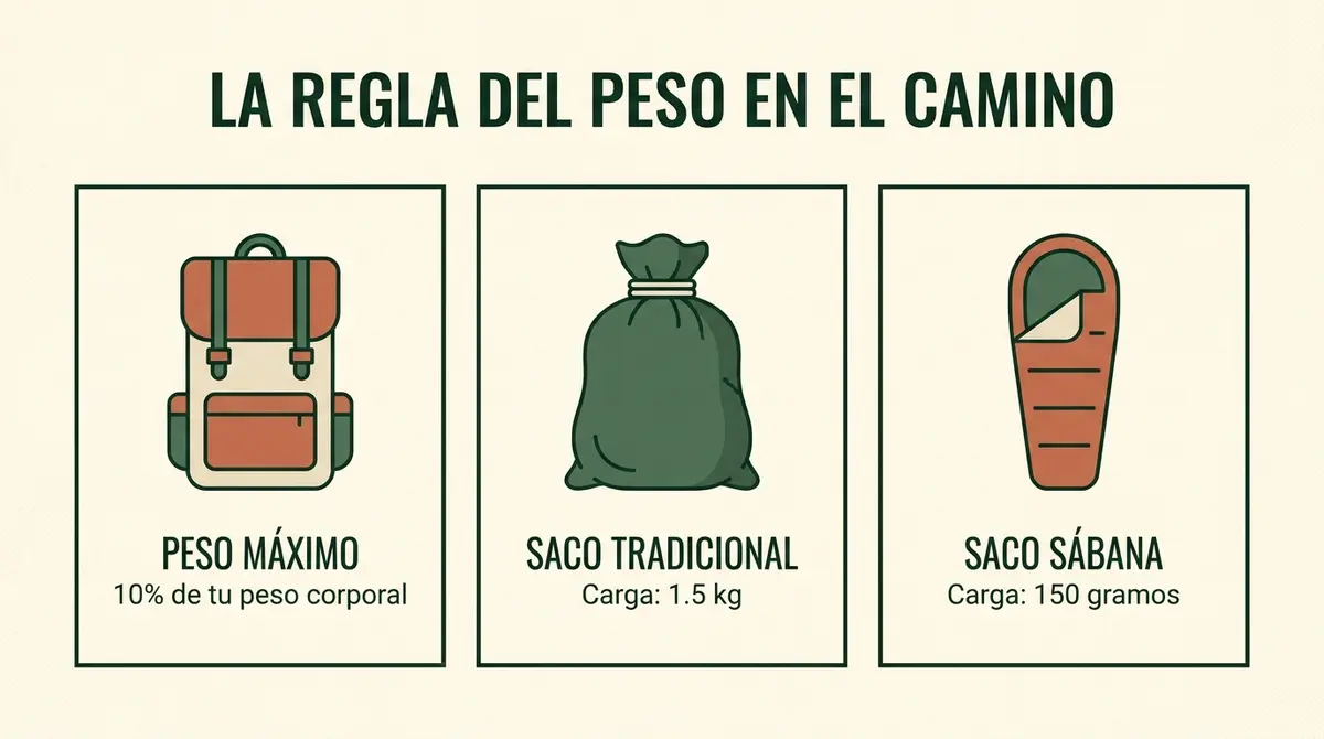 Infografía de la regla del 10% del peso del equipaje en el Camino de Santiago y opciones de sacos.