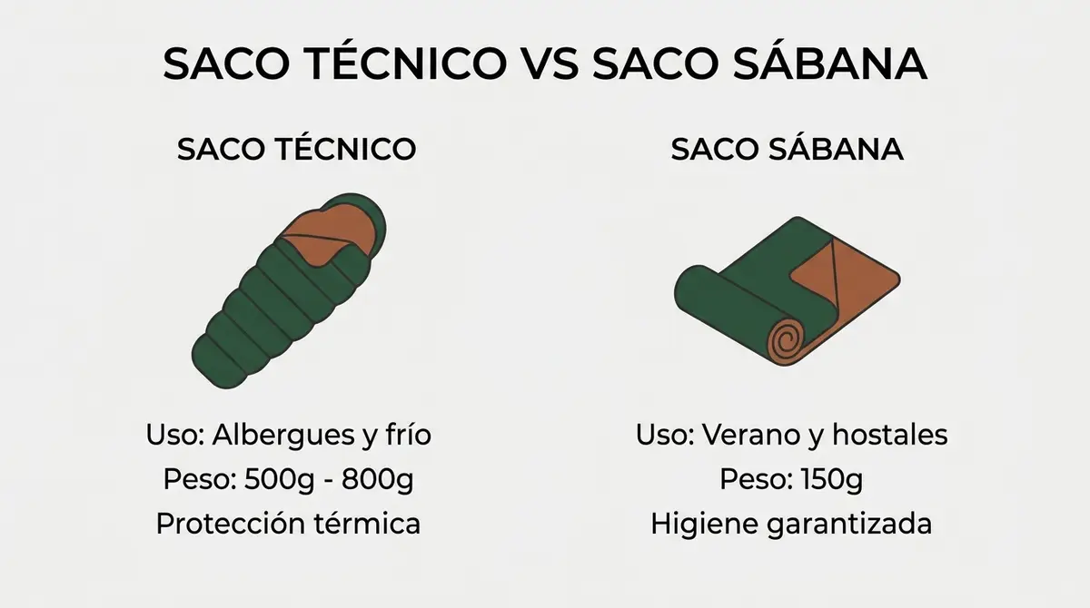 Infografía comparando un saco de dormir técnico con un saco sábana de 150 gramos.